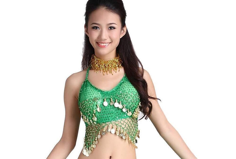 9727 Lady's Belly Dance Bandage Coin Bra Top With Chest Pad Green